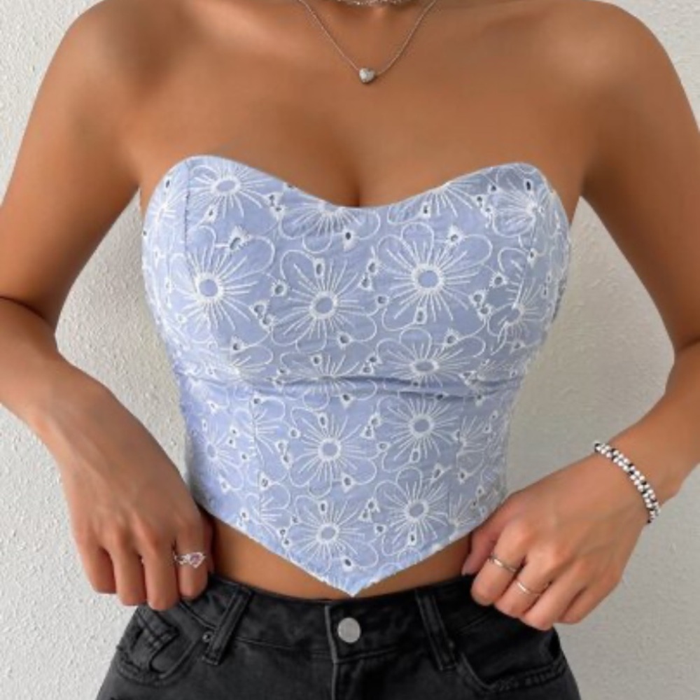 Blue Floral Lace Strapless Crop Top